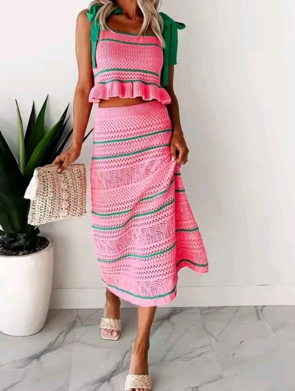 Women's 2 Piece Outfits Aesthetic Sweater Set Stripe Tie-Up Shoulder Straps - Picture 2 of 5